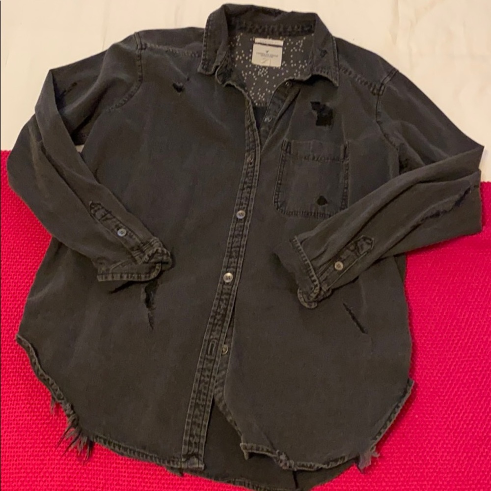 Distressed Black Denim Button Down Shirt